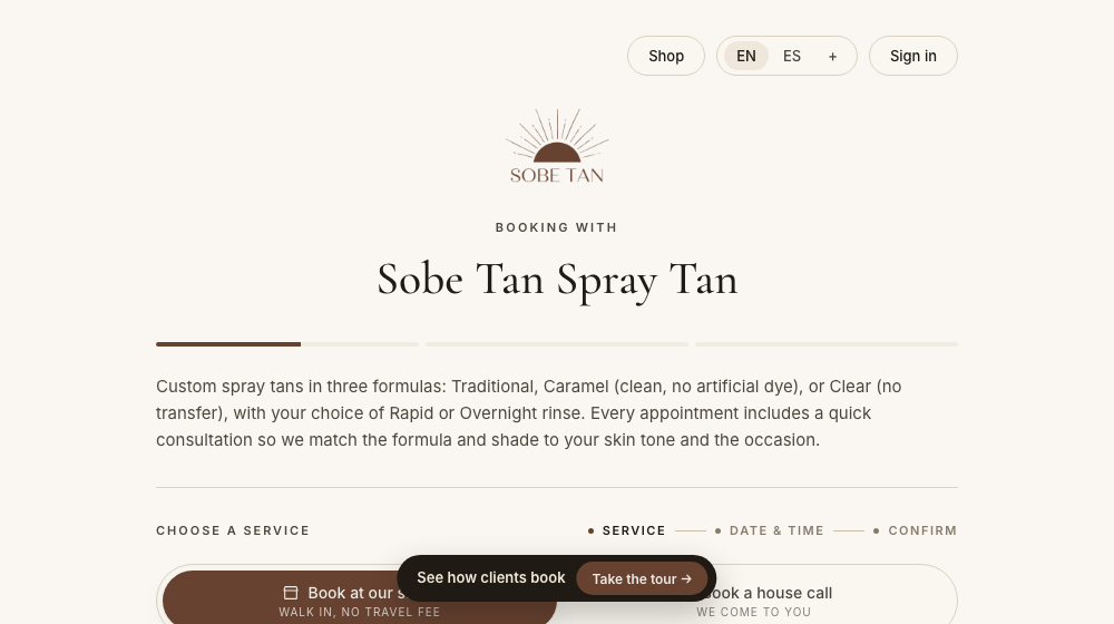 Preview of the SoBe Tan example booking page